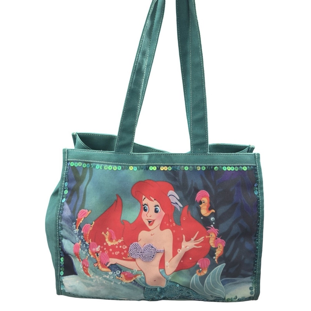 Vintage Disney The Little Mermaid Ariel Canvas Tote Bag Bookbag Sequins Beaded - Picture 2 of 13